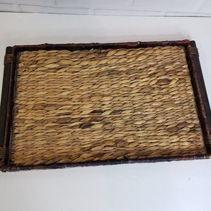 Coastal Farmhouse Rattan Wooden Serving Tray 19x12 Caddie Rustic Coffee Table
